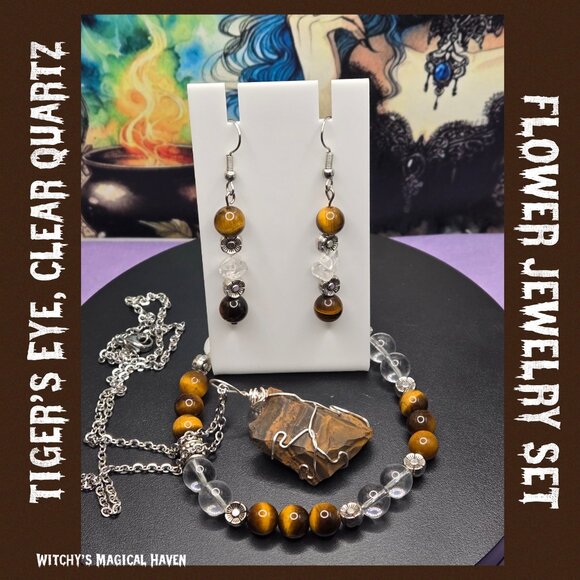 Tiger's Eye Clear Quartz Gemstone Beaded Flower Charm Jewelry Set - Picture 8 of 8